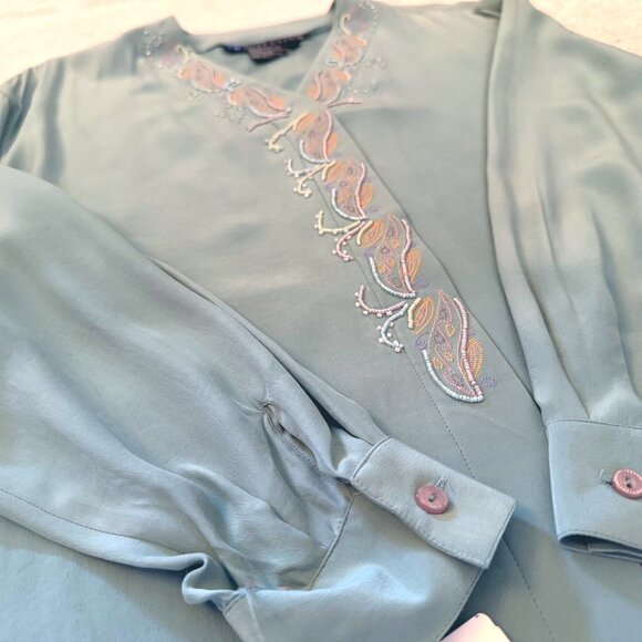 Vintage IB Diffusion Silk Blouse Beaded Embroidered Size 14 Dusty Teal Flowy - Picture 10 of 10
